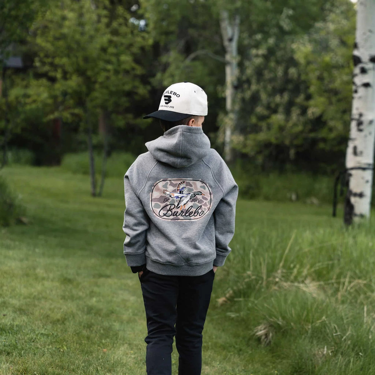 Burlebo Youth Fleece Hoodie - Ducks Flying In - Dark Heather Grey