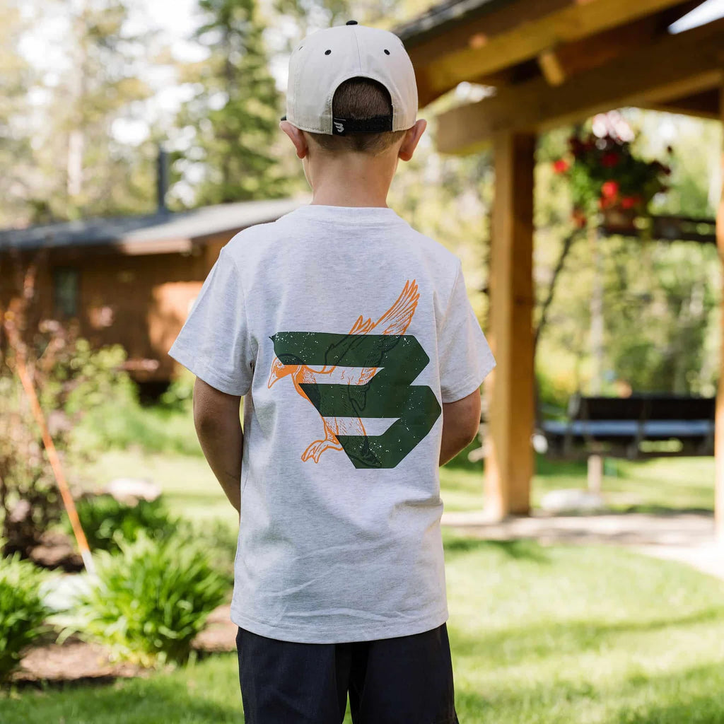 Burlebo Youth Short Sleeve Tee - Duck Flying B - Green Logo - Oatmeal