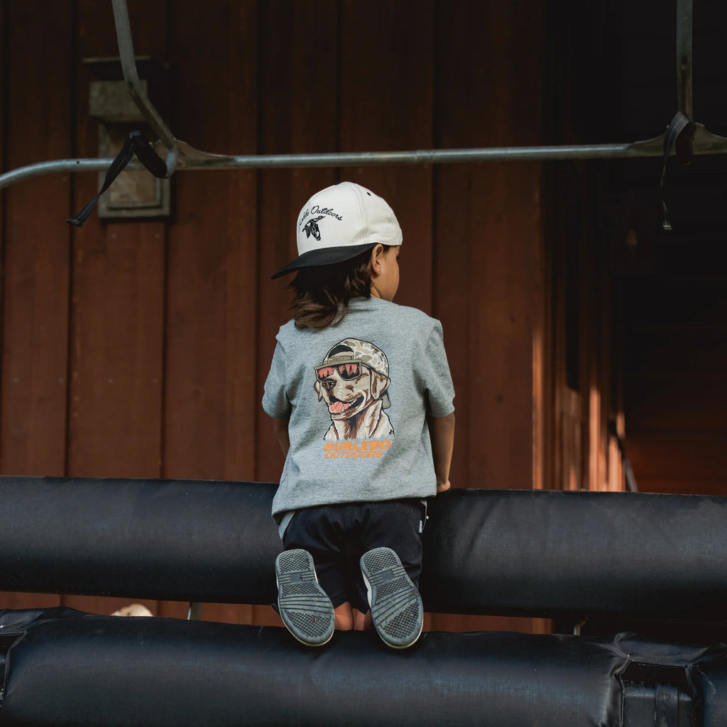 Burlebo Youth Short Sleeve Tee - Mallard Camo Dog - Dark Heather Grey