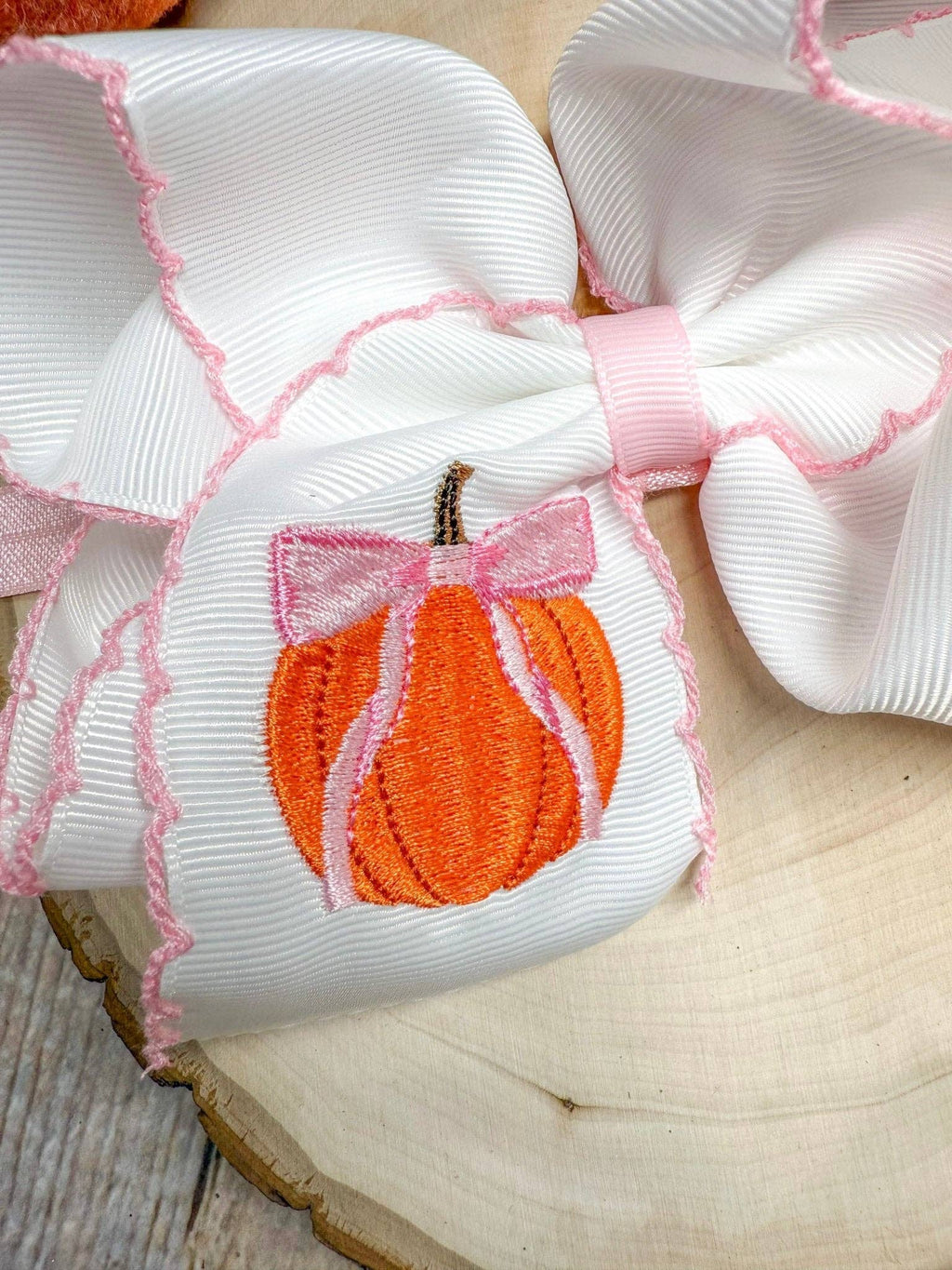 Coquette Pumpkin Embroidered Moonstitch Hair Bow | Clip or Headband: Clip