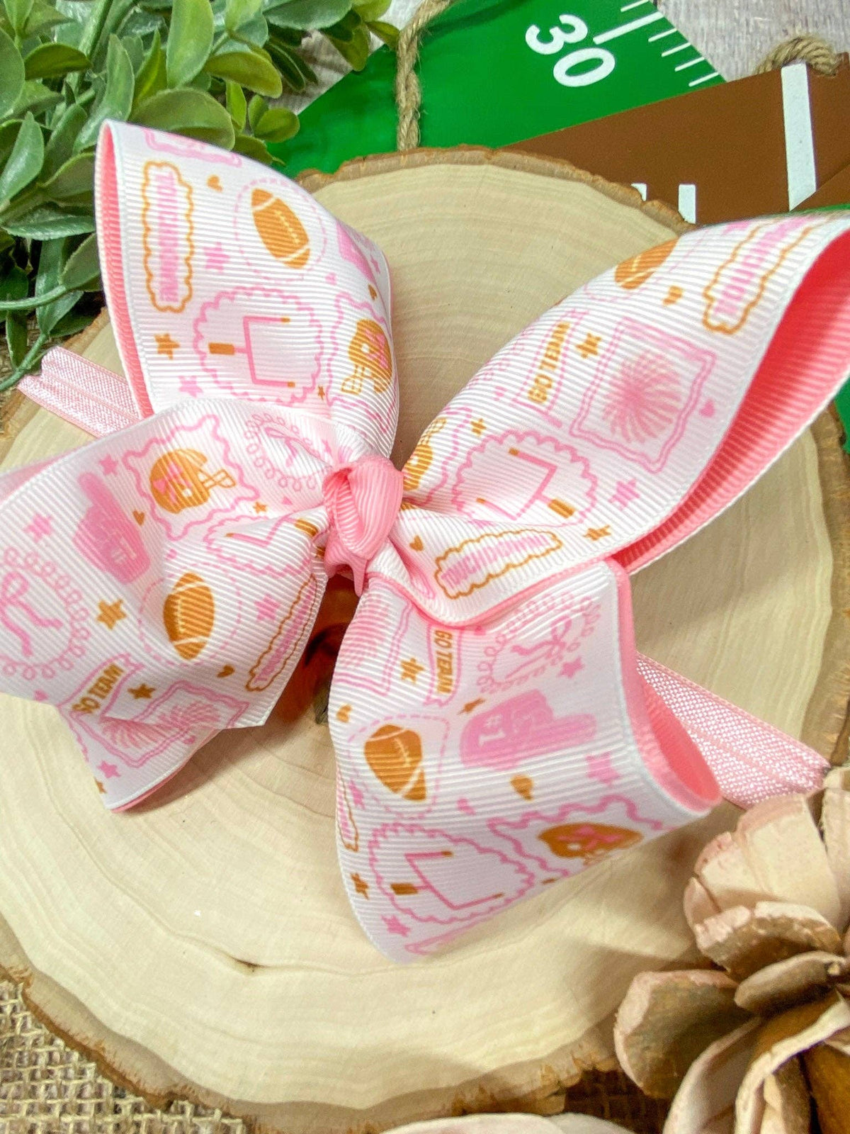 Football Print Pink Double Layer Hair Bow | Clip or Headband: Hair Bow on Clip