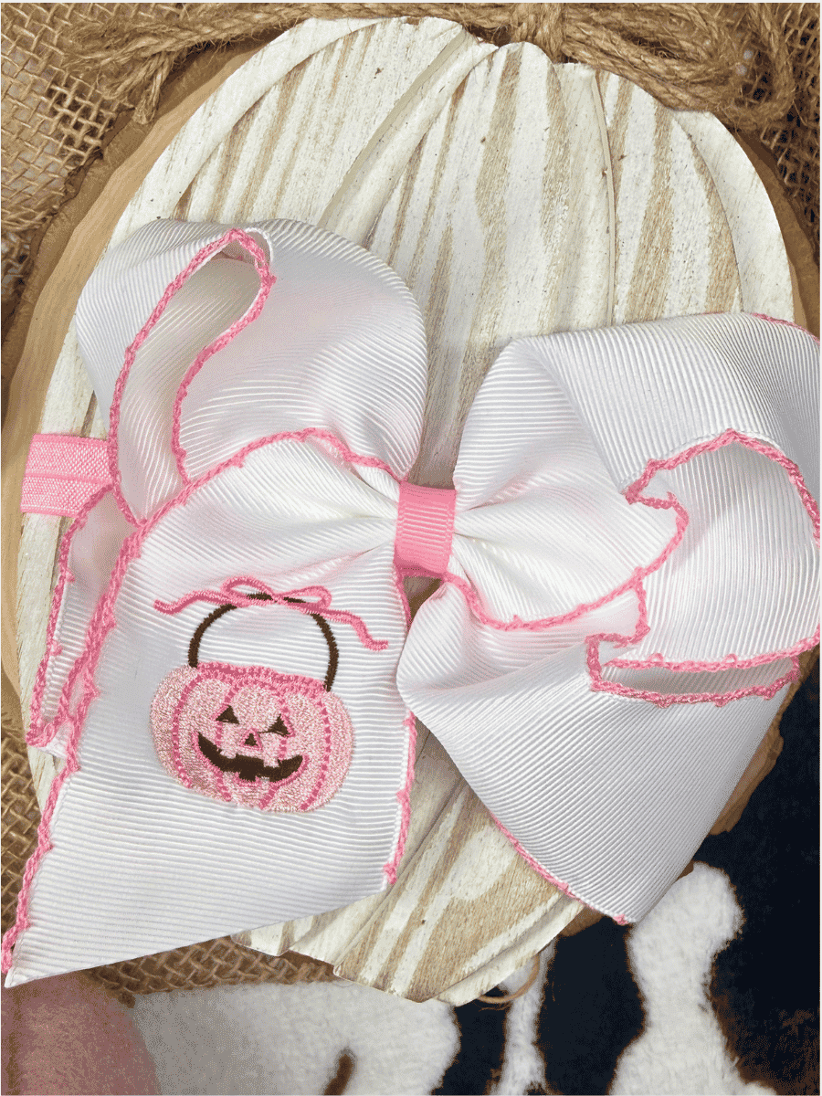 Pink Jack-O-Lantern Hair Bow | Halloween Bow | Clip or Headband: Hair Bow on Headband