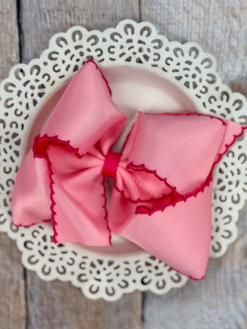 5" Classic Moonstitch Boutique Bows Girls Hair Accessories | Clip or Headband: White with Sky Blue Moonstitch / Hair Bow on Clip