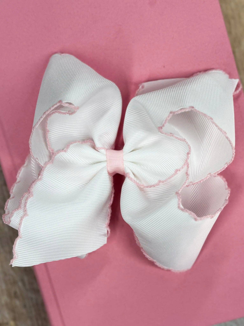 5" Classic Moonstitch Boutique Bows Girls Hair Accessories | Clip or Headband: White with Light Pink Moonstitch / Hair Bow on Clip