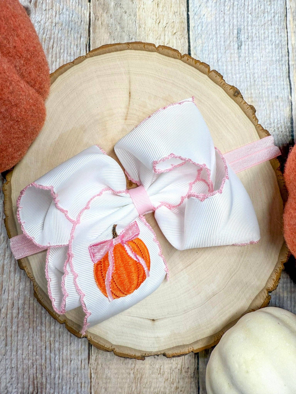 Coquette Pumpkin Embroidered Moonstitch Hair Bow | Clip or Headband: Clip