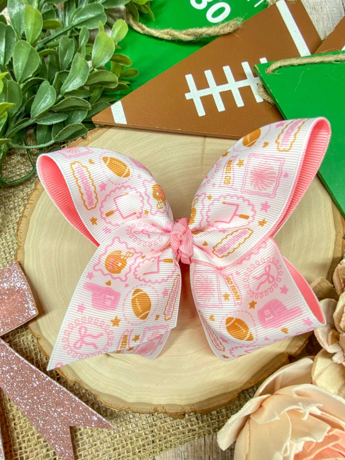 Football Print Pink Double Layer Hair Bow | Clip or Headband: Hair Bow on Clip