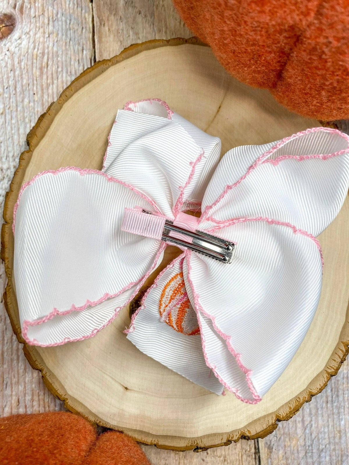 Coquette Pumpkin Embroidered Moonstitch Hair Bow | Clip or Headband: Clip