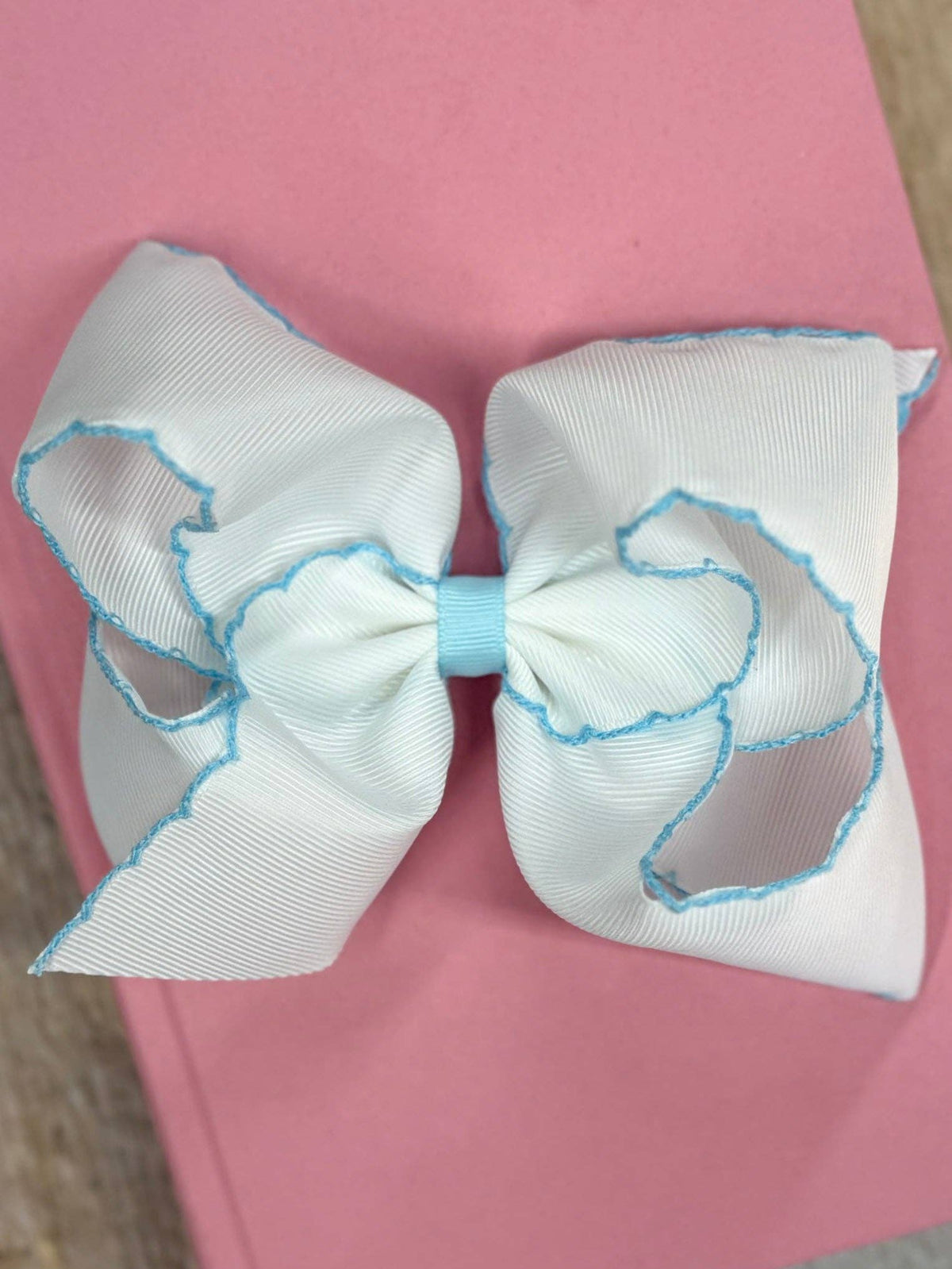 5" Classic Moonstitch Boutique Bows Girls Hair Accessories | Clip or Headband: White with Sky Blue Moonstitch / Hair Bow on Clip