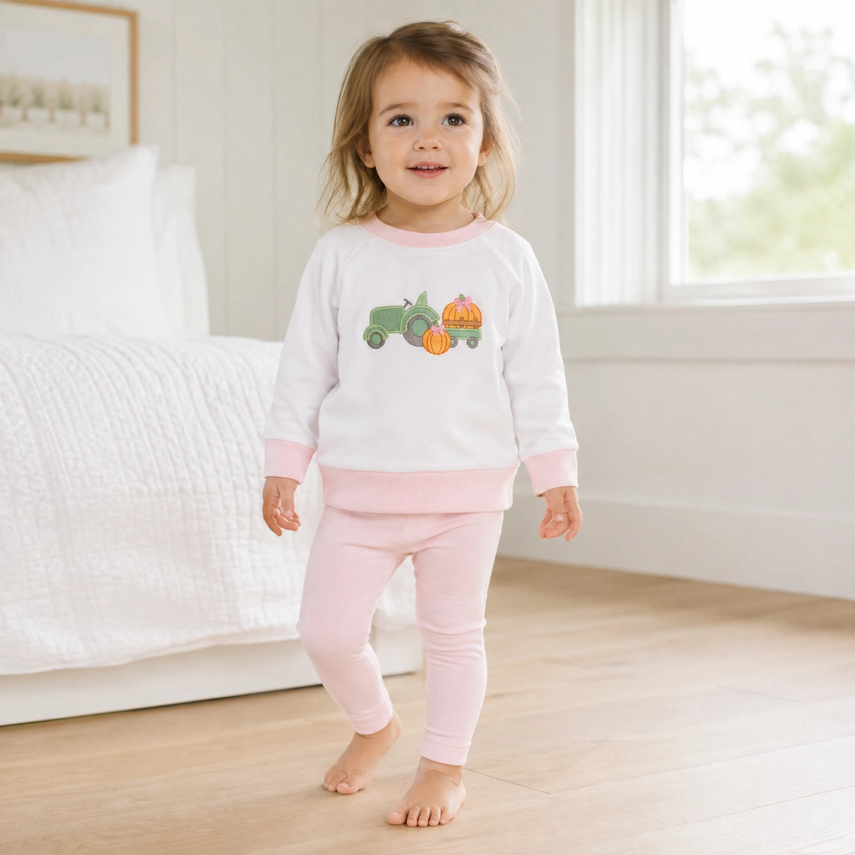 Magnolia Baby Pumpkin Tractor Applique Pullover Sweatshirt - Pink