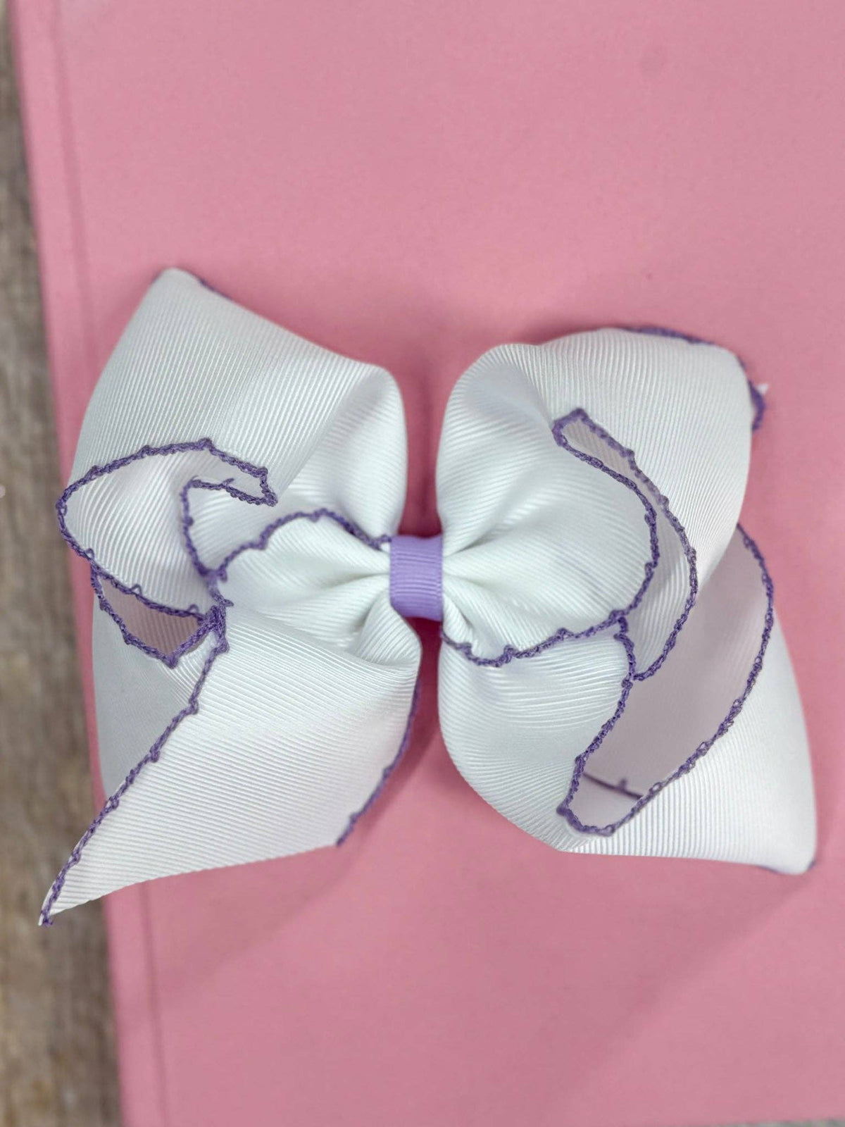5" Classic Moonstitch Boutique Bows Girls Hair Accessories | Clip or Headband: White with Lavender Moonstitch / Hair Bow on Clip