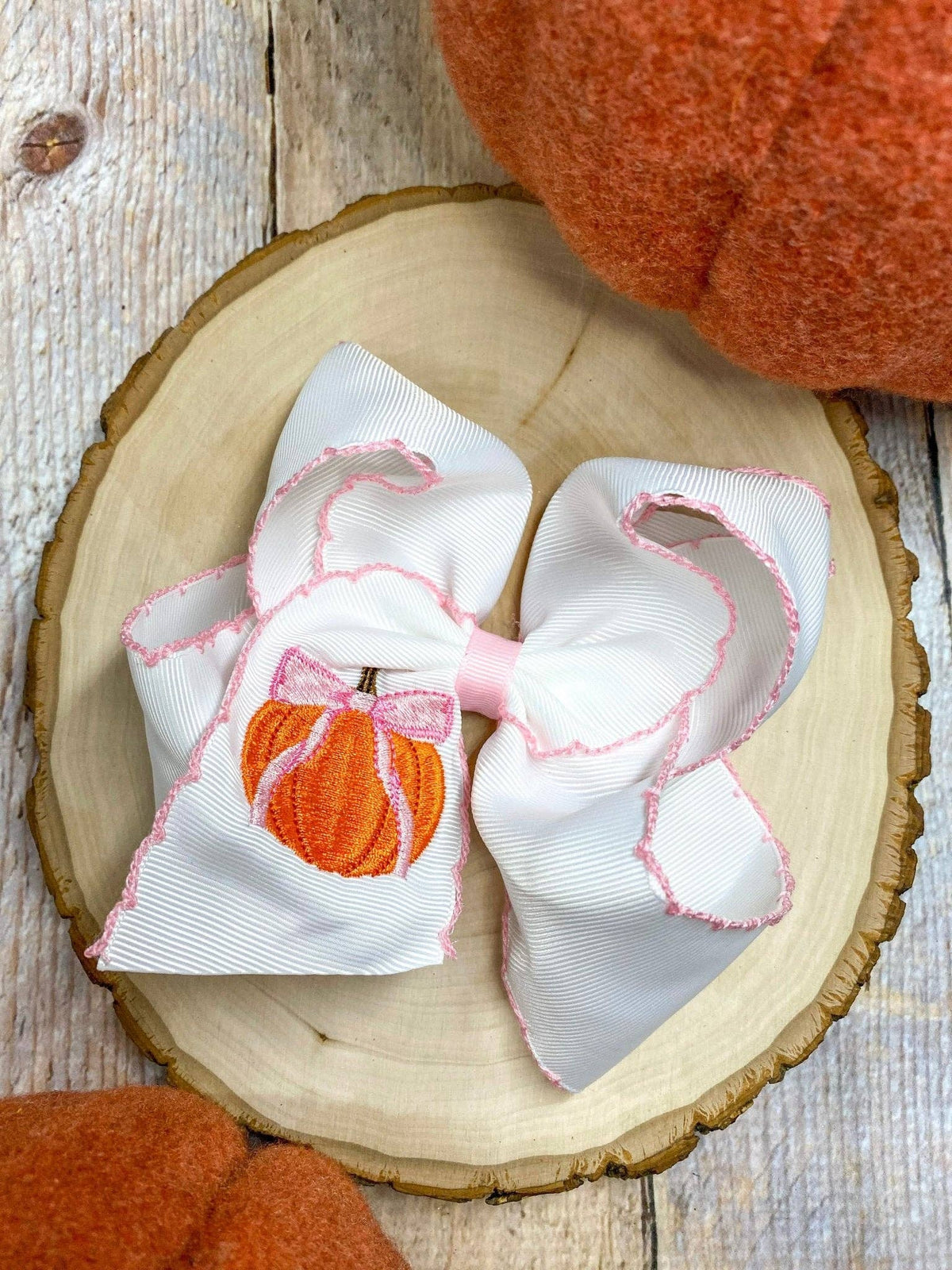 Coquette Pumpkin Embroidered Moonstitch Hair Bow | Clip or Headband: Clip