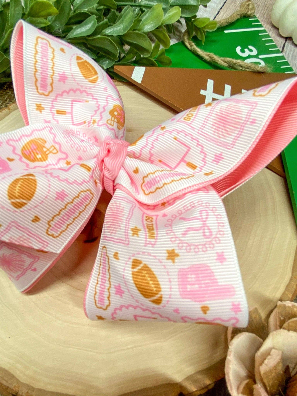 Football Print Pink Double Layer Hair Bow | Clip or Headband: Hair Bow on Clip