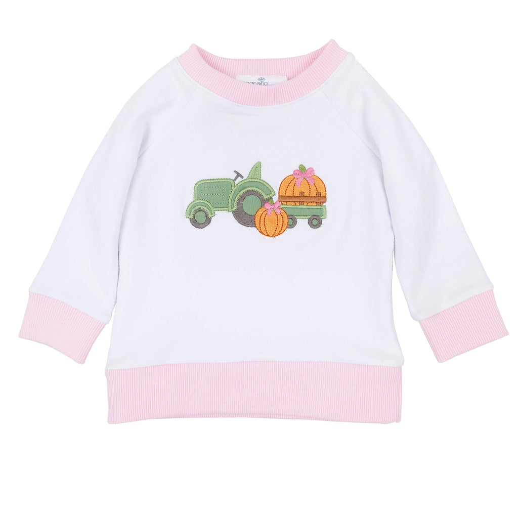 Magnolia Baby Pumpkin Tractor Applique Pullover Sweatshirt - Pink