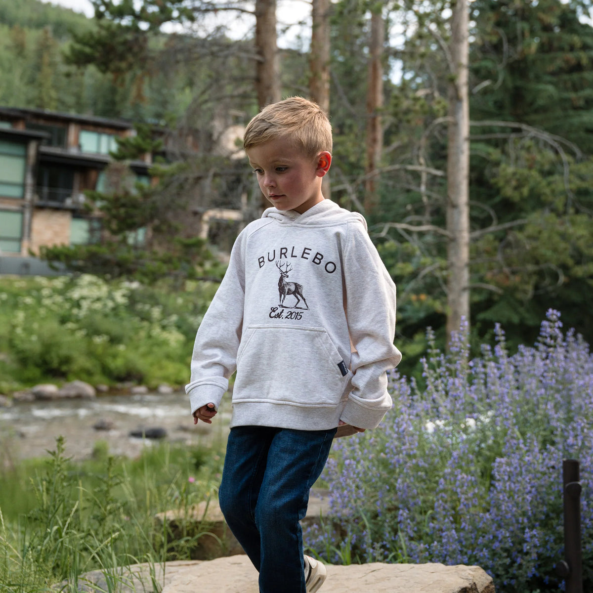 Burlebo Youth Fleece Hoodie - Whitetail Deer - Heather Oatmeal