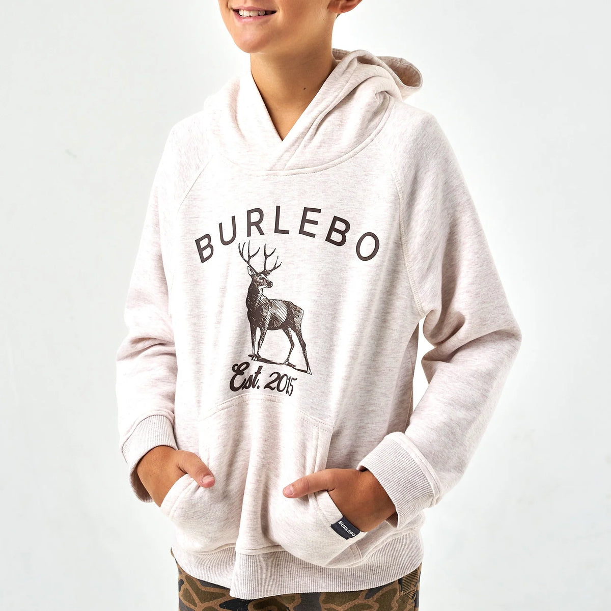 Burlebo Youth Fleece Hoodie - Whitetail Deer - Heather Oatmeal