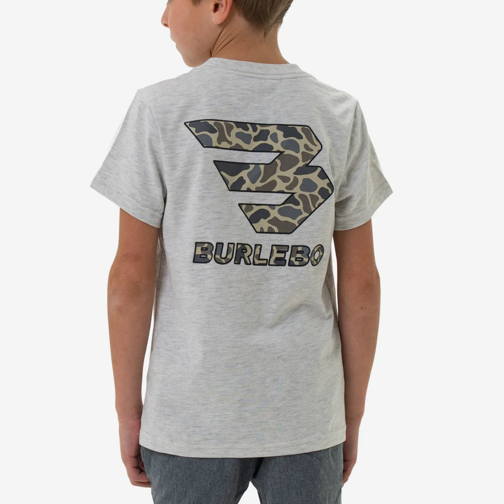 Burlebo Youth Short Sleeve Tee - Flying B Classic Deer Camo Logo - Ash Grey