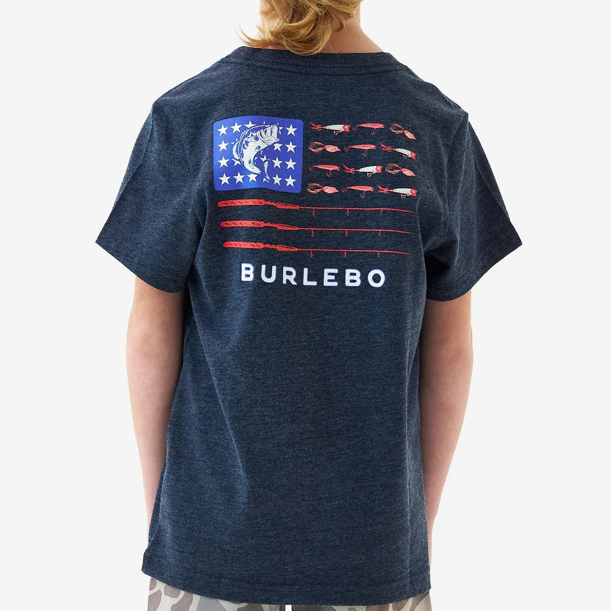 Burlebo Youth Short Sleeve Tee Fishing USA Heather Navy