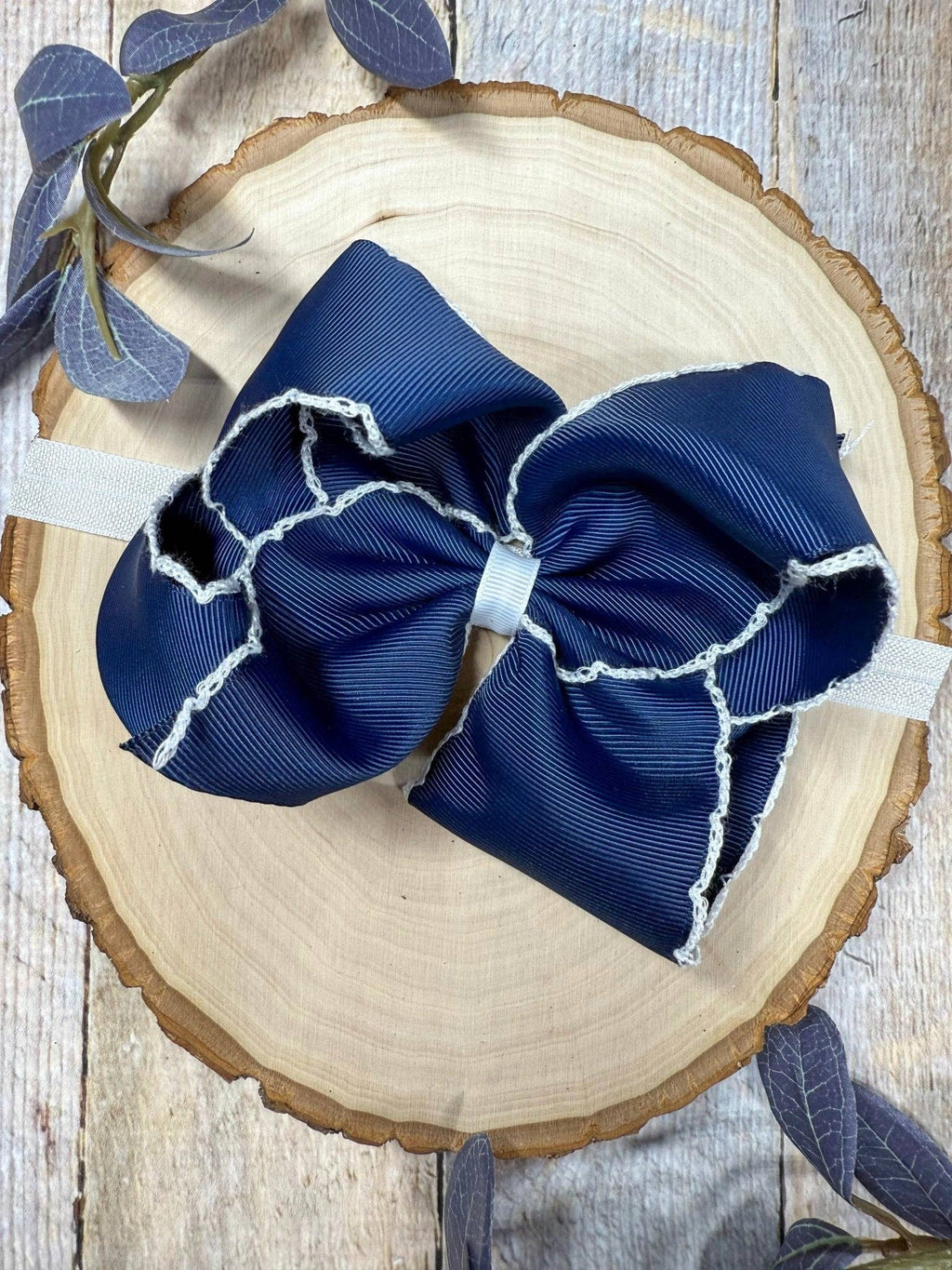 5" Classic Moonstitch Boutique Bows Girls Hair Accessories | Clip or Headband: White with Sky Blue Moonstitch / Hair Bow on Clip