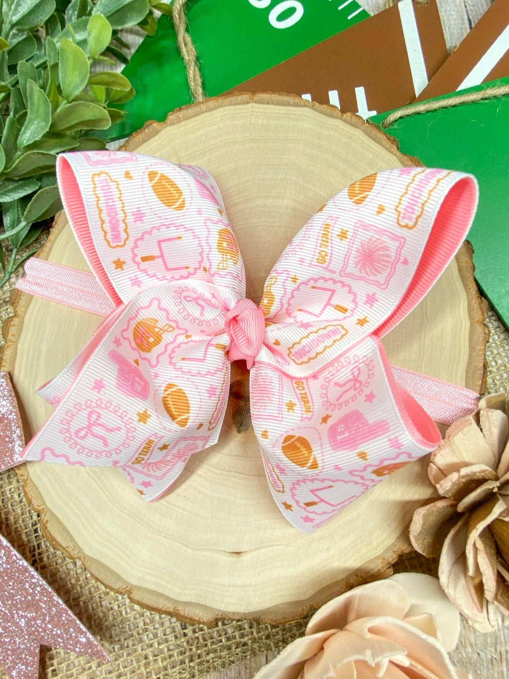 Football Print Pink Double Layer Hair Bow | Clip or Headband: Hair Bow on Clip