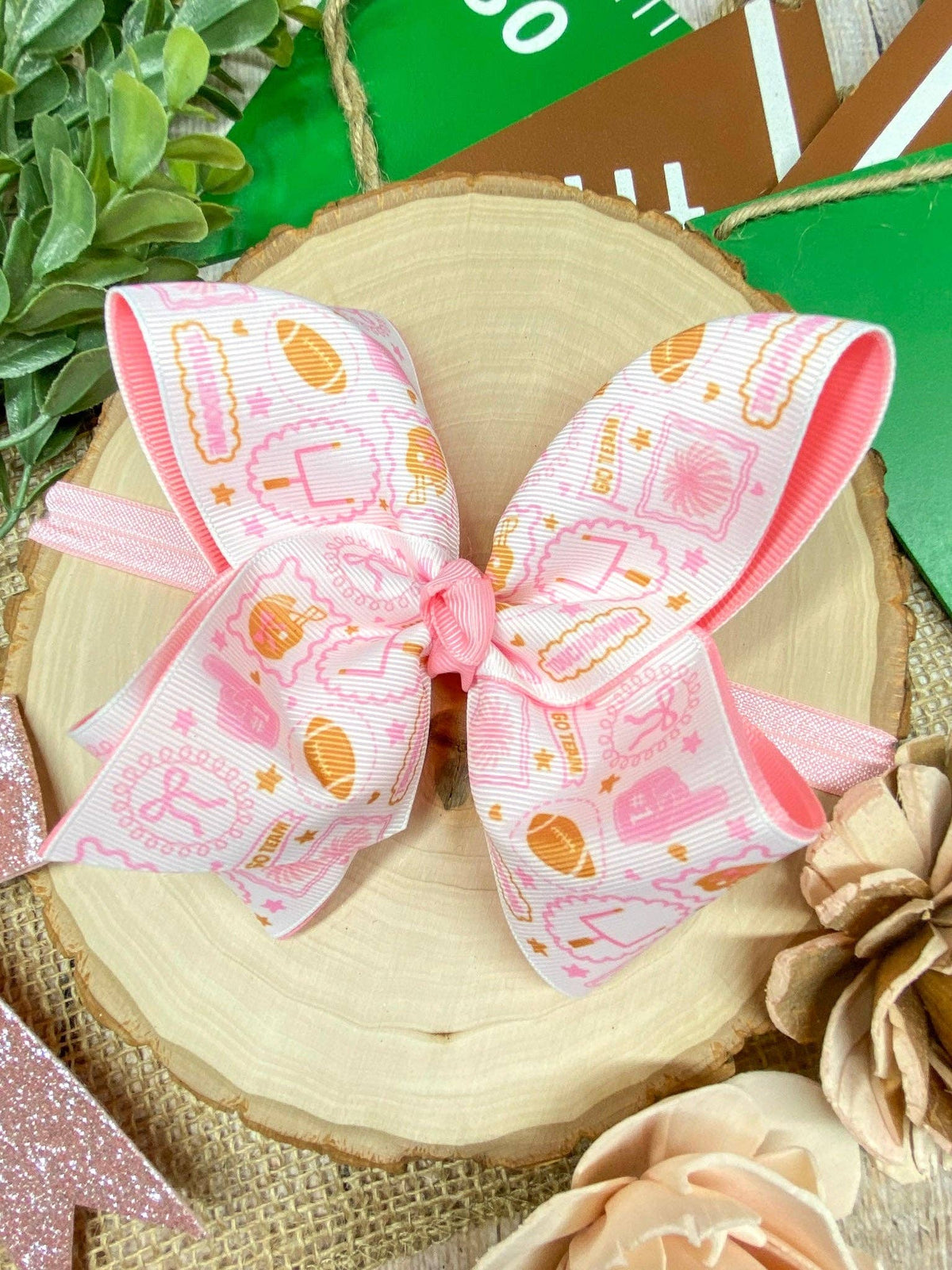 Football Print Pink Double Layer Hair Bow | Clip or Headband: Hair Bow on Clip
