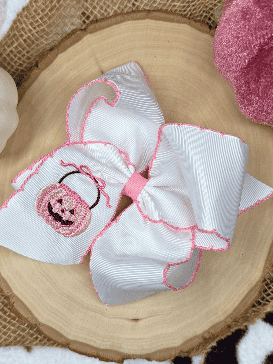 Pink Jack-O-Lantern Hair Bow | Halloween Bow | Clip or Headband: Hair Bow on Headband