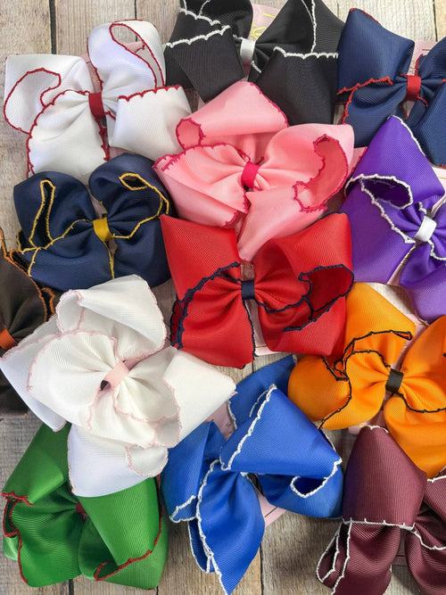 5" Classic Moonstitch Boutique Bows Girls Hair Accessories | Clip or Headband: White with Light Pink Moonstitch / Hair Bow on Clip